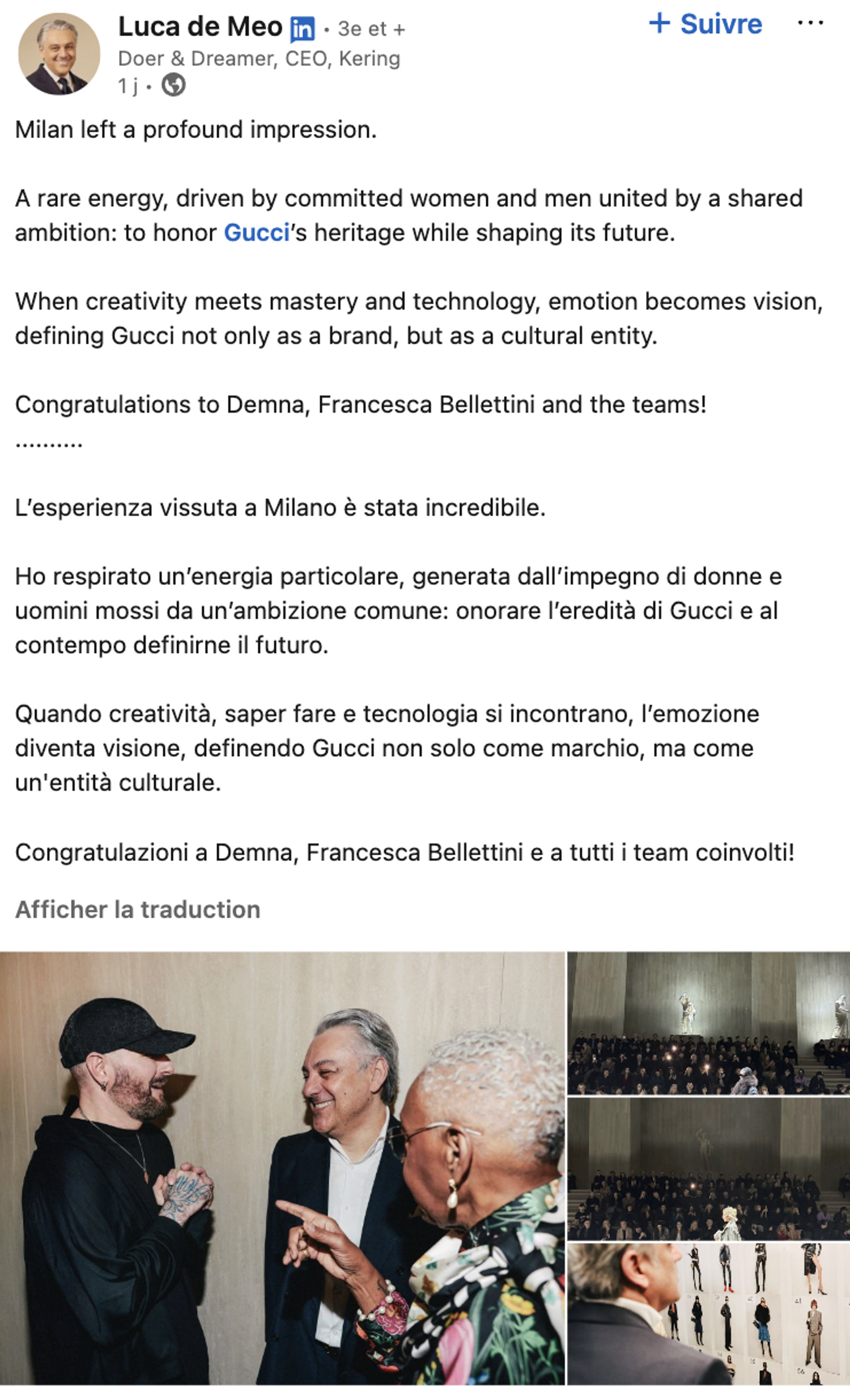 message de commentaire de luca de meo, directeur général du groupe de luxe Kering, au sujet de la collection Primavera de Gucci par Demna